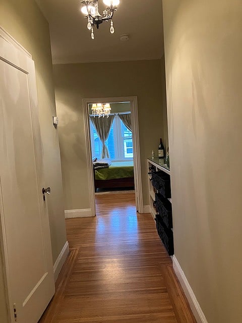 Bedroom from long entrance hallway