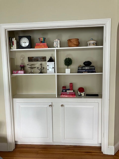 Charming bookcase detail and storage in LR