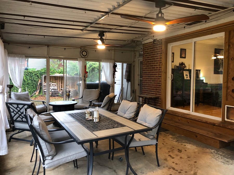 Covered screened porch with propane burner conversation table