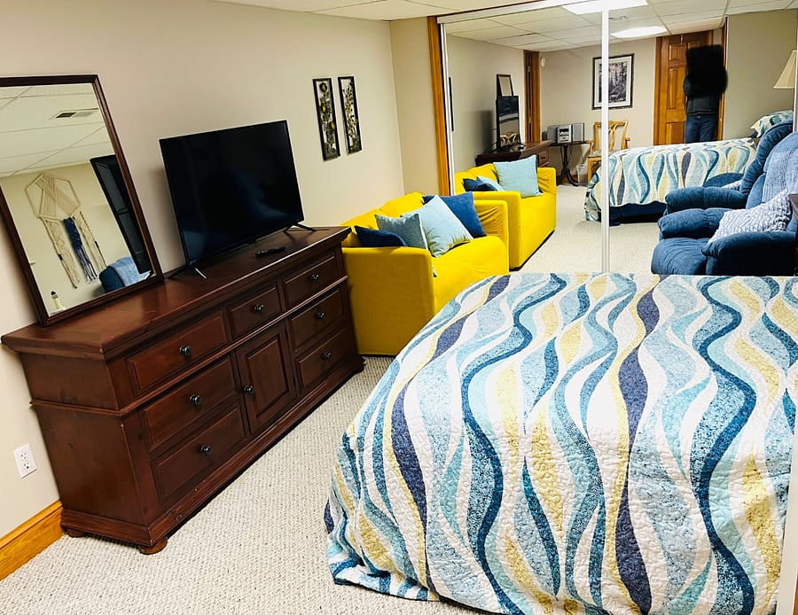 Dresser and closets have plenty of room for all your belongings