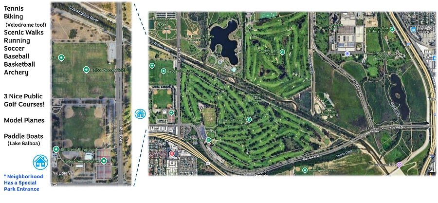 Extended backyard is Balboa Sports Center and Sepulveda Basin Recreation Area