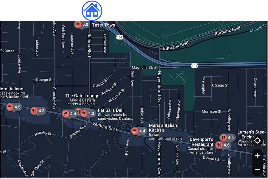 Nearby Ventura Blvd offers a wide variety of restaurant options