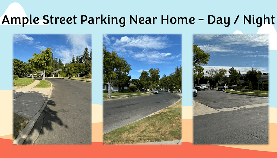 Tuesday and Wednesdays are street sweeping days from Noon until 2 p.m. But not a problem.  Lots of street parking day and night.