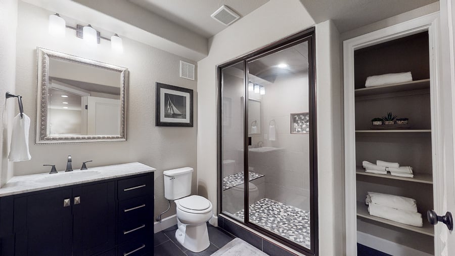 Basement bathroom with steam shower.