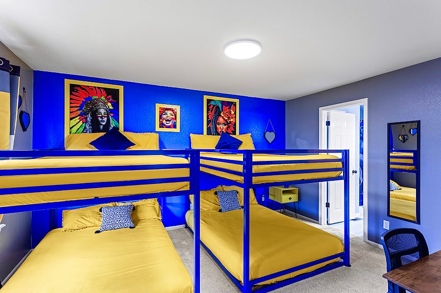 Fun and playful bunk bed room with colorful decor, perfect for kids and sleepovers.