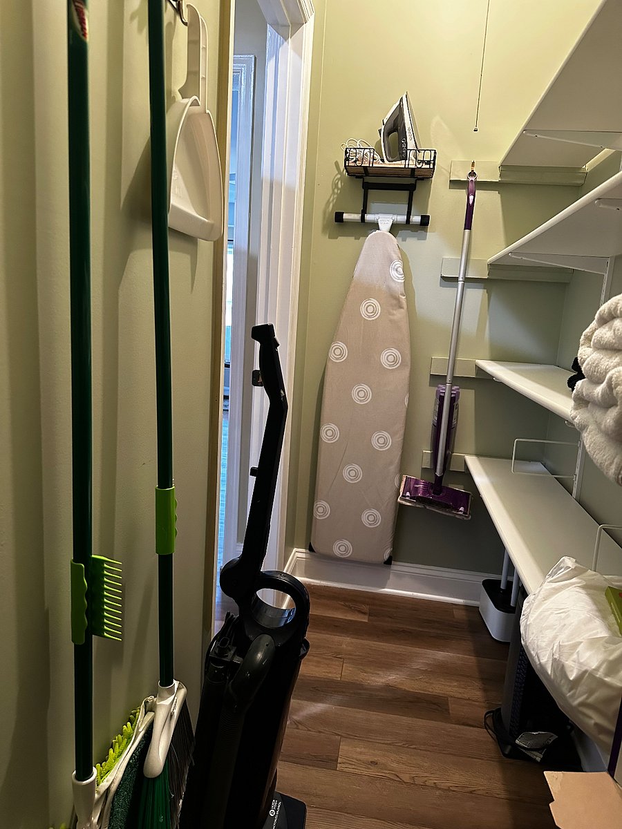 The apartment is stocked with iron and board, vacuum, broom/dustpan, etc.