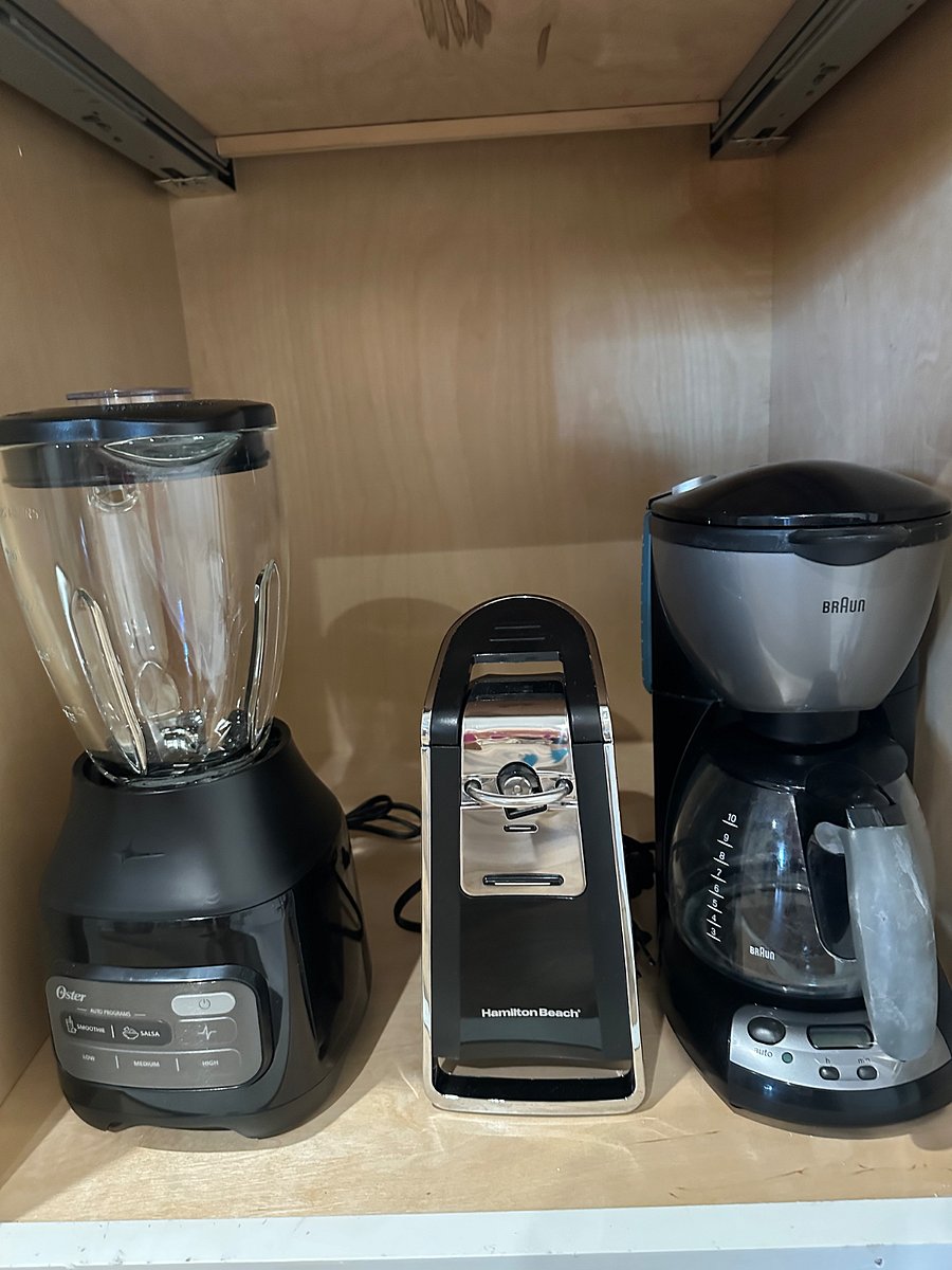 Blender, can opener, and drip coffee maker.