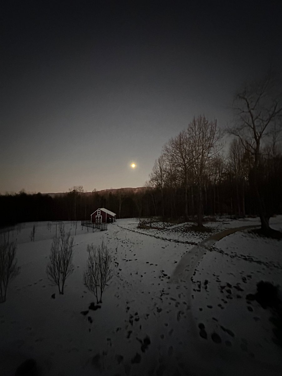 Winter moon setting over the Blue Ridge Mountains.