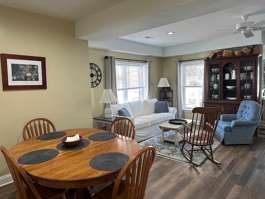 Oak dining table and living area.