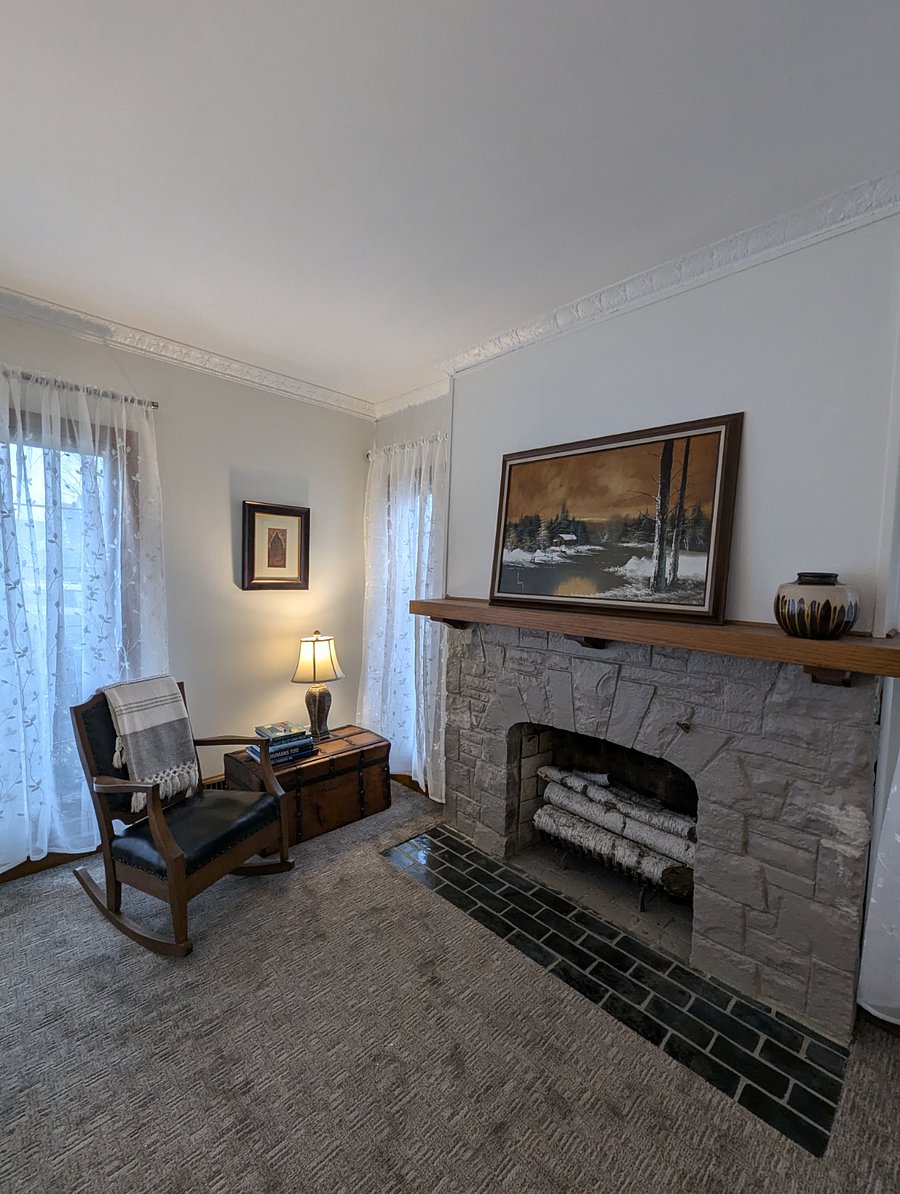 The fireplace adds charm but unfortunately can't be used until some repairs are made to the chimney.