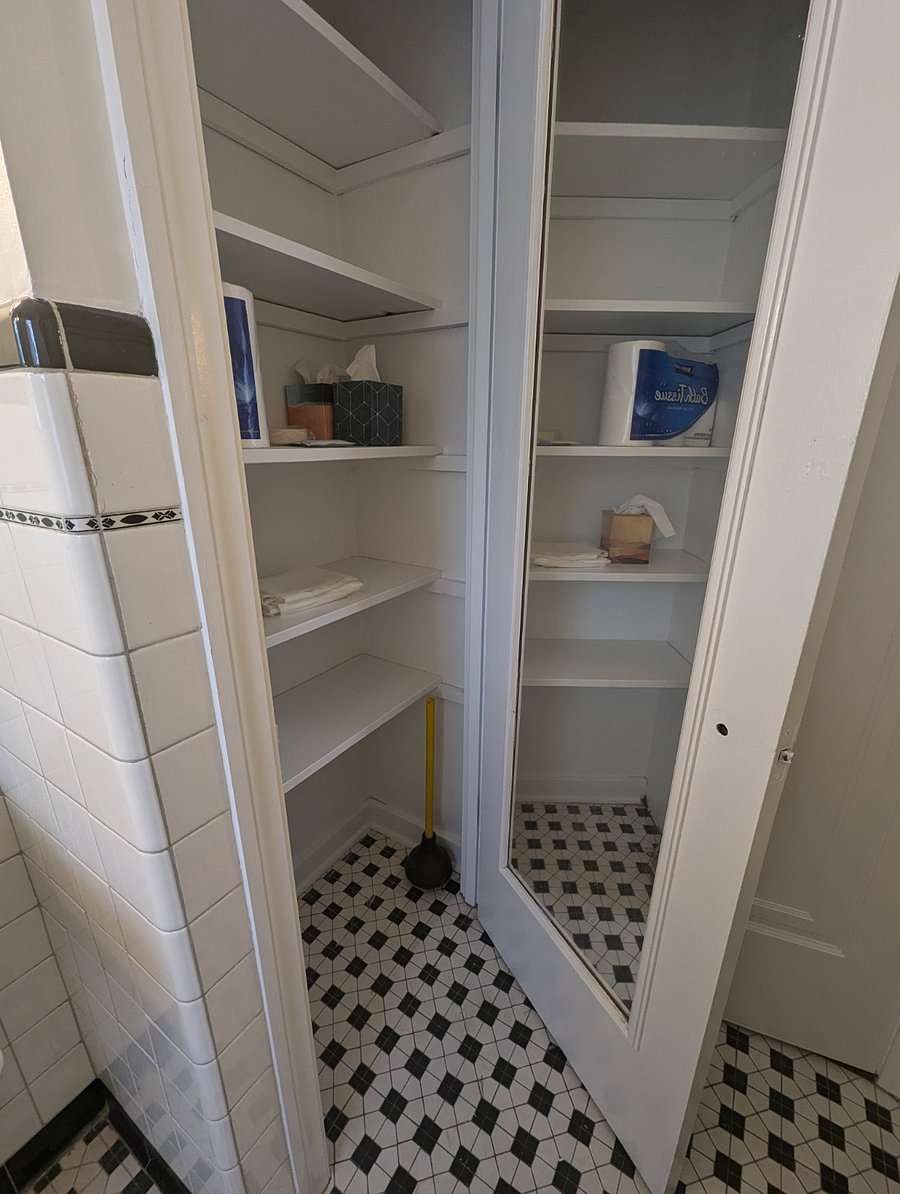 Plenty of space to keep toiletries, styling tools, cosmetics and linens in this newly painted closet.