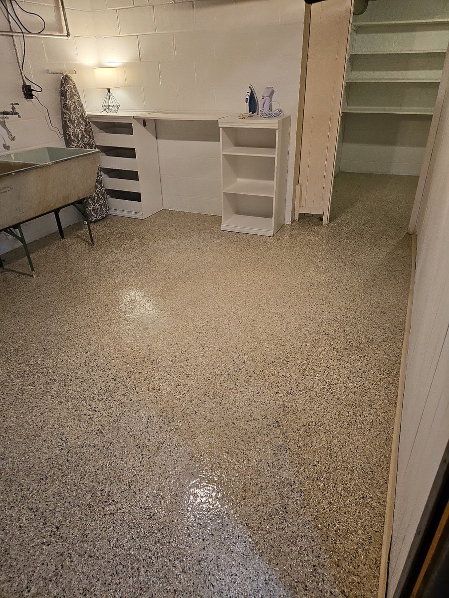 New epoxy coated floor makes doing laundry more pleasant.