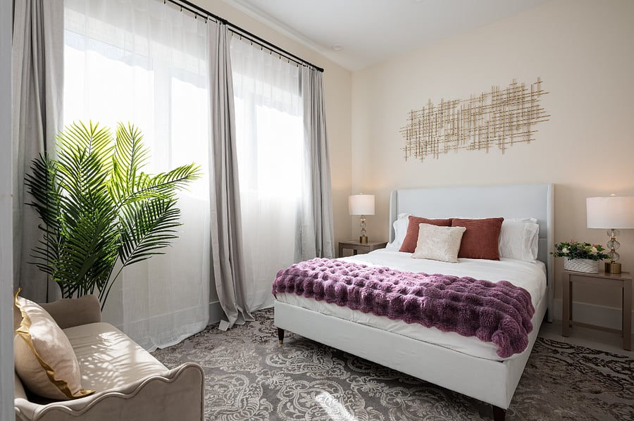 A cozy bedroom with a queen size plush bed, a large window with blackout curtains, touch of greenery.