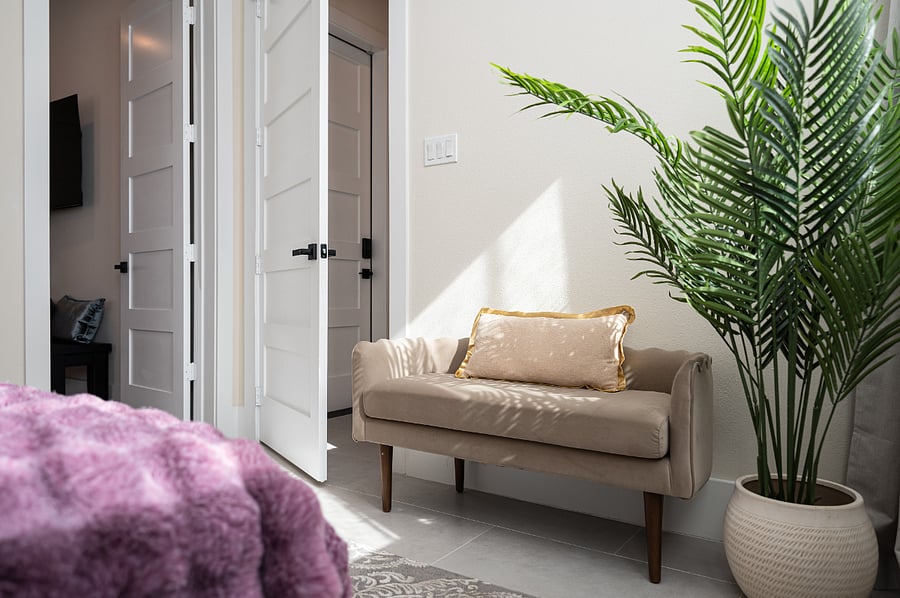 With a comfortable sofa, a potted plant, and a large window.