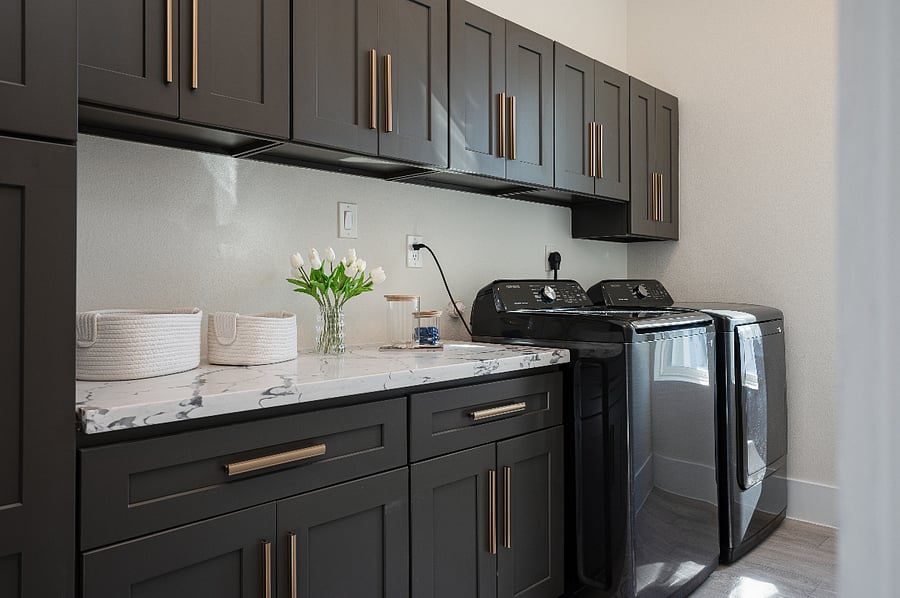 Large capacity washer and dryer, complimentary detergent pods and dryer sheets, plenty of storage space in the cabinets 