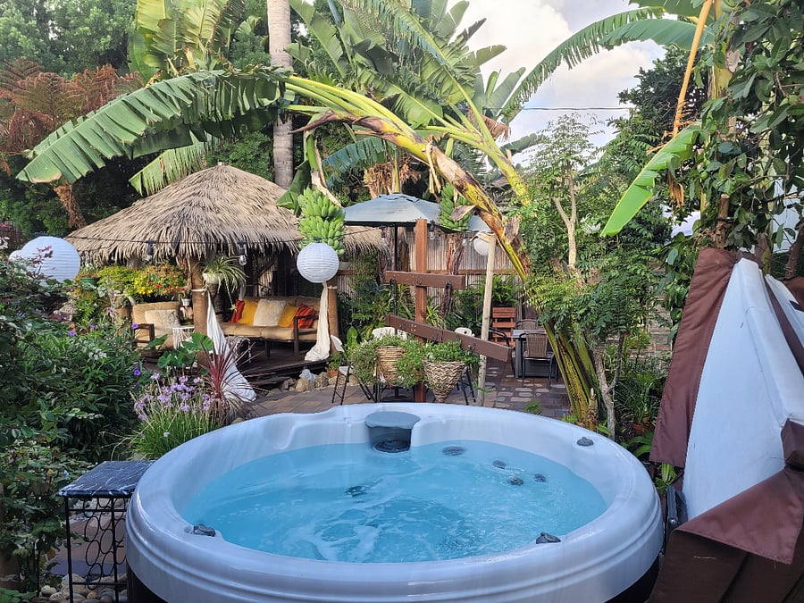 Hot tub and back yard