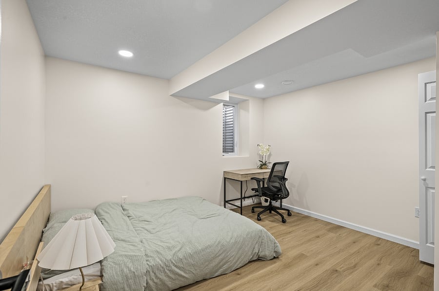Downstair Bedroom #4: smart door lock, ergonomic office chair, full bed, west-facing window