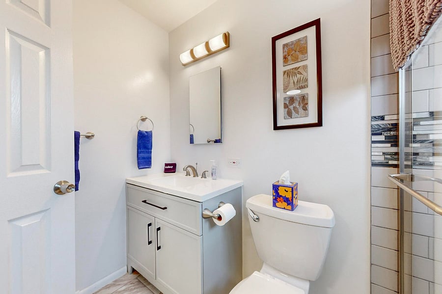 Remodeled bathroom with large walk-in shower