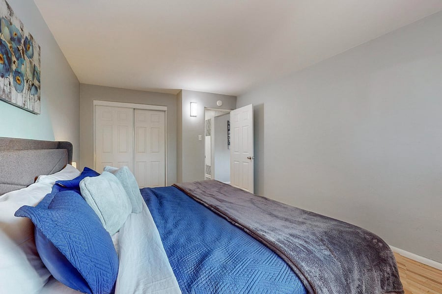Large bedroom with king-sized bed, dresser, large closet (dresser not shown in photo)