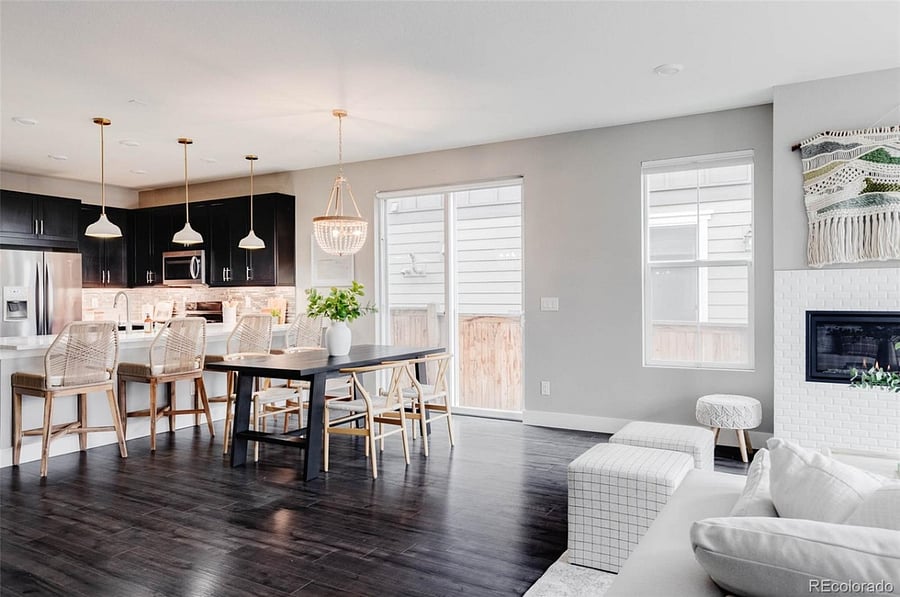 Shared kitchen, living, dining space