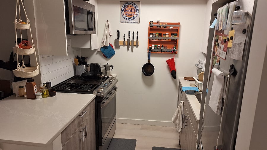 Kitchen, with Dishwasher, Gas Stove with griddle top. Ninja Blender, Airfryer Toaster Oven. Fully outfitted with cooking and eating utensils, pots and pans, tupperware, salt + pepper, spices, cooking oil.
