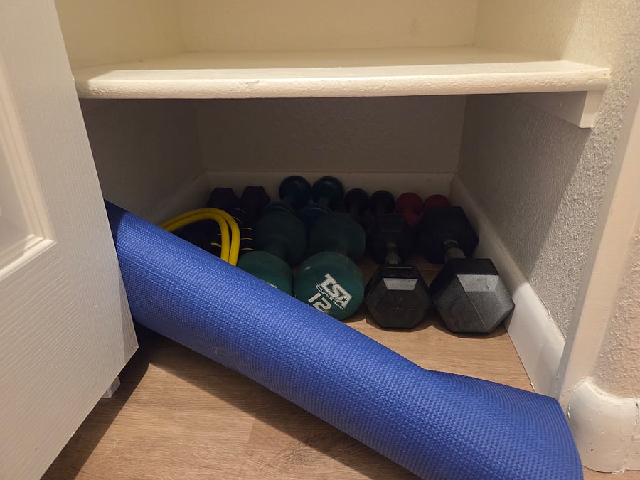 Various size dumbbells, yoga mat, expercise ball, and body bar