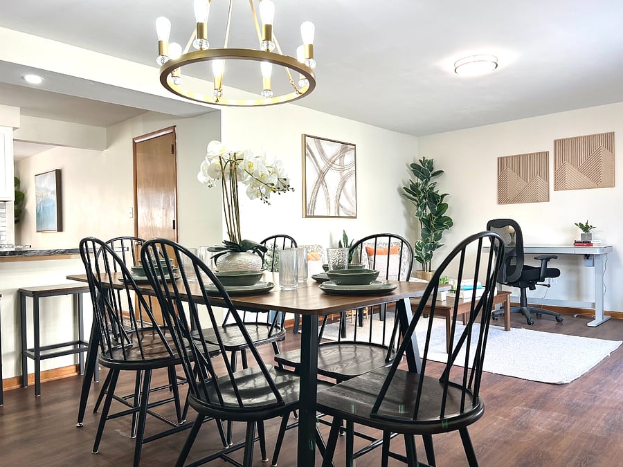 Dining room, reading nook and standing desk work space. 