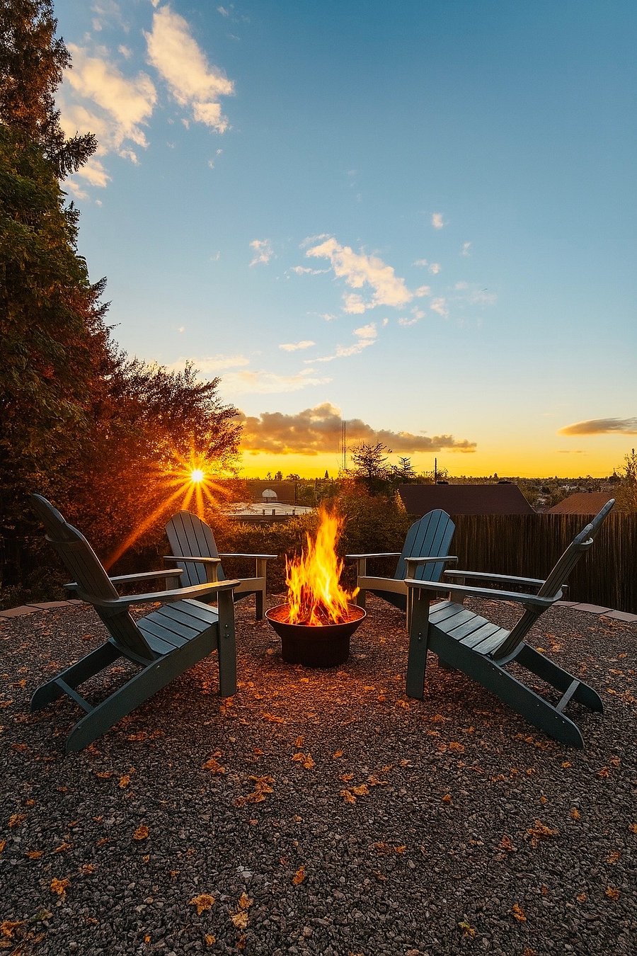 The backyard features Adirondack chairs, perfect for gathering around the firepit and staying warm on chilly winter evenings