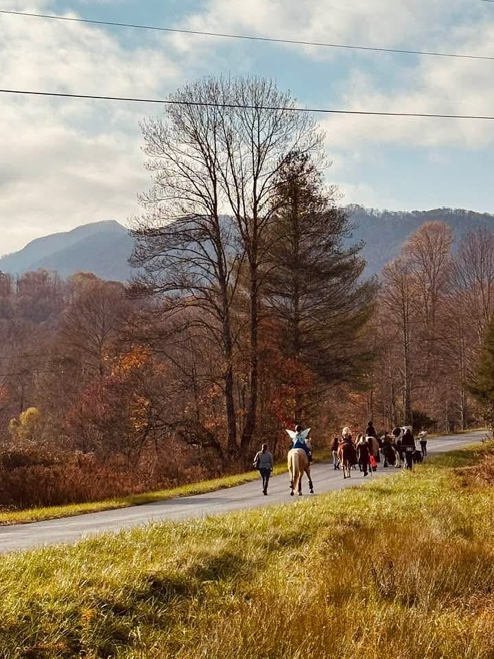 Neighborhoods kids trick or treating on horseback.