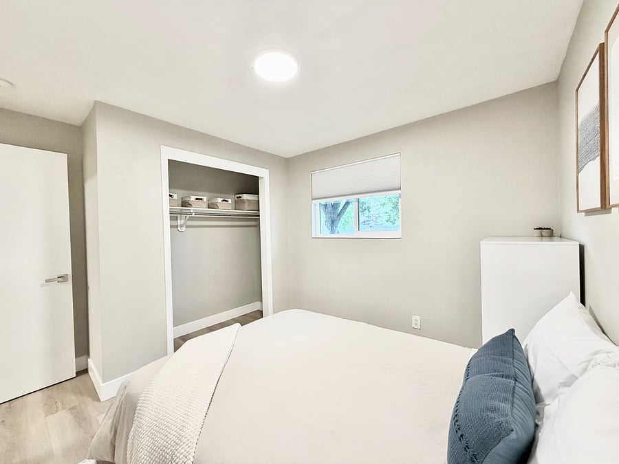 Full(double) bed, blackout shades, dresser and closet in an upstairs bedroom.