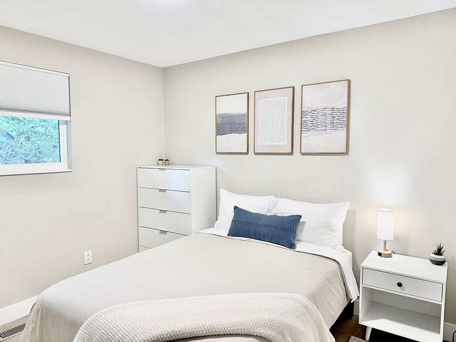 Full(double) bed with dresser, blackout shades.