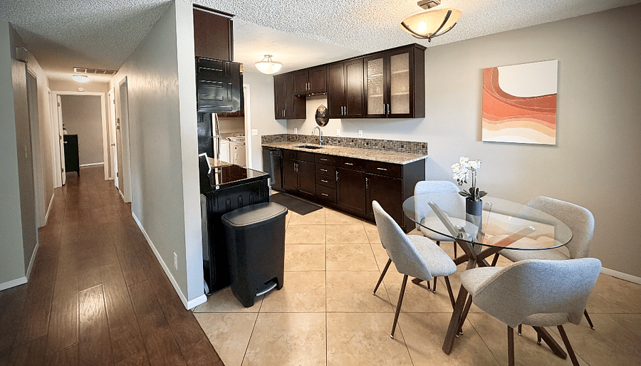Kitchen, Dining, Laundry, Hallway to bedrooms, office and bathroom.