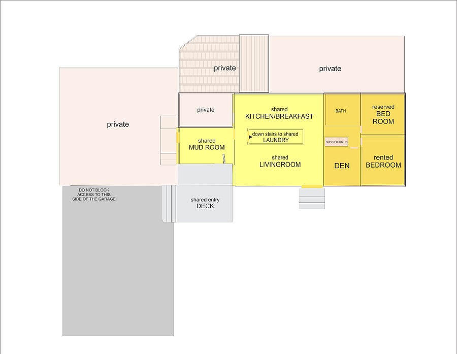 The orange depicts Tennant private area.
The bedroom in top right of the orange square is reserved for guests.