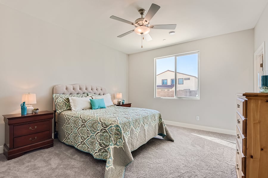Large bedroom with ceiling fan and light.