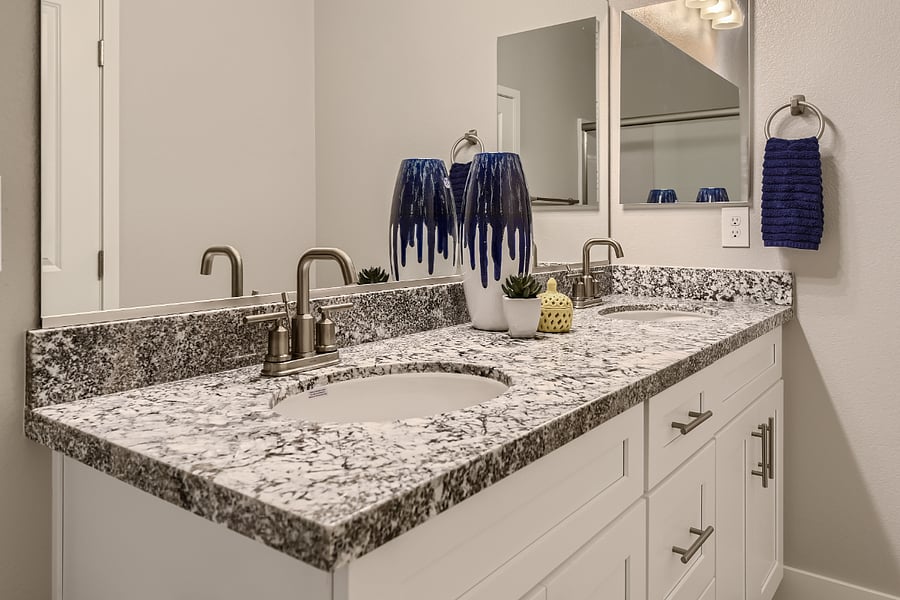 Beautiful double-sink vanity with granite countertops.