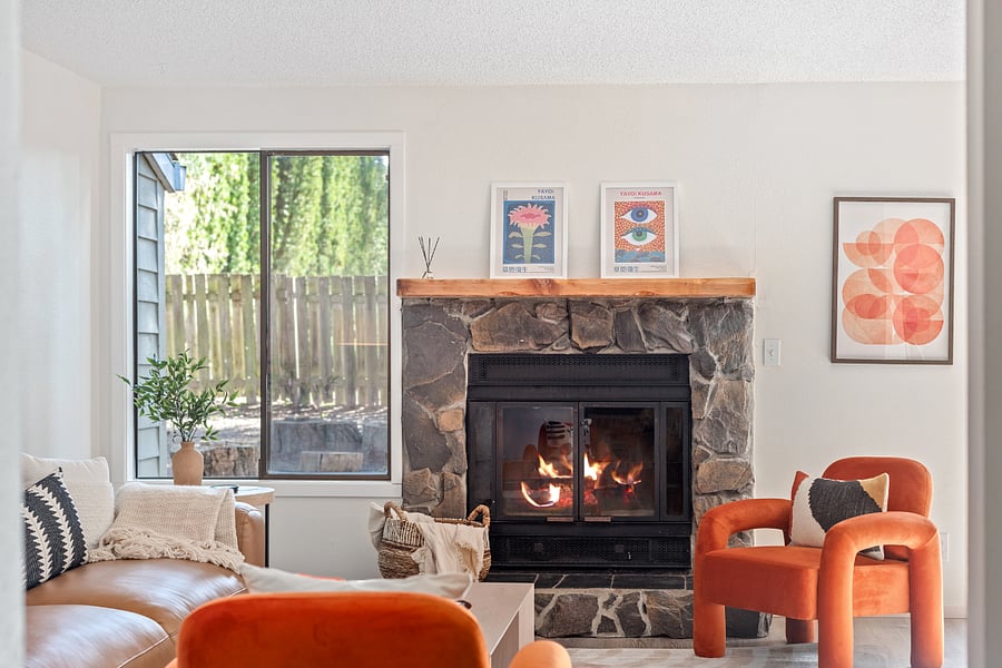 Living room with working fireplace.