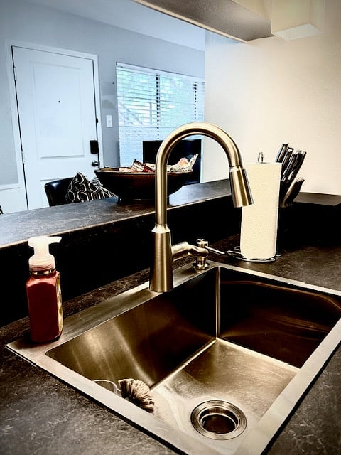 Deep stainless sink & bar area.