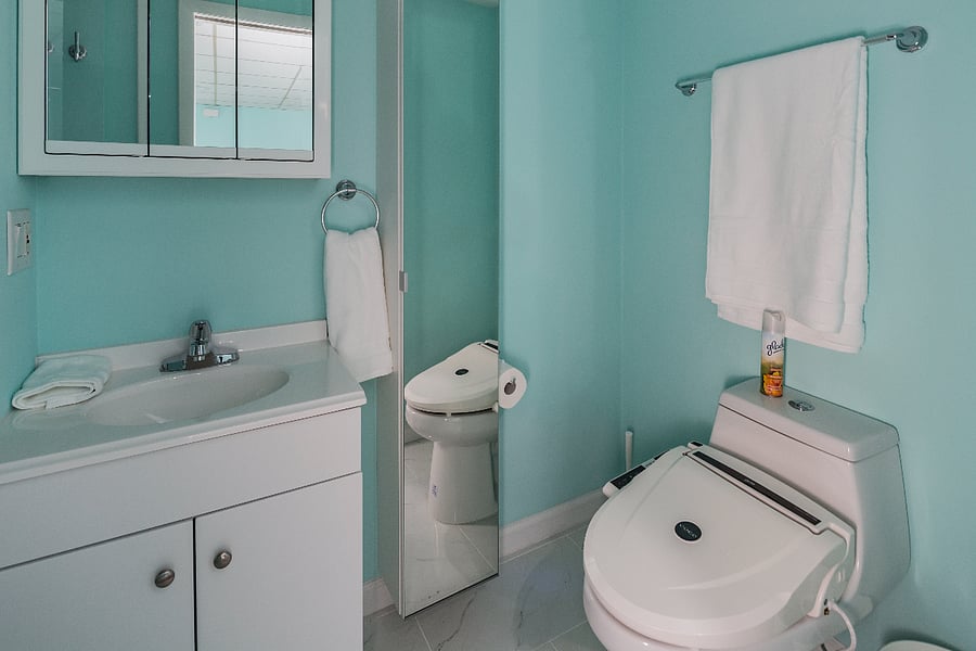 Bathroom with modern japanese toilet and shower