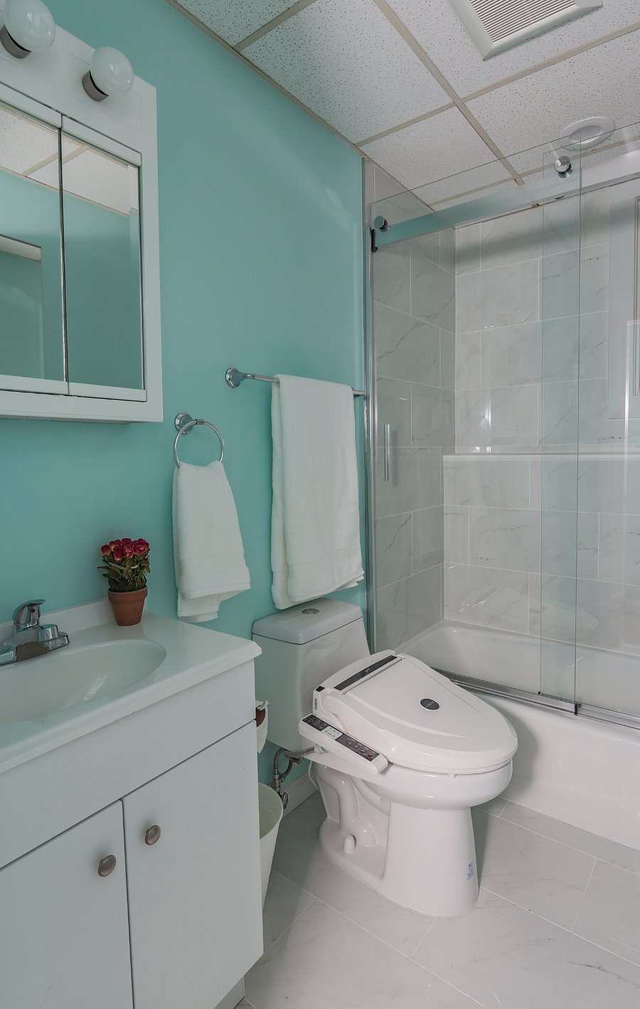Bathroom with ,odern japanese toilet and tub