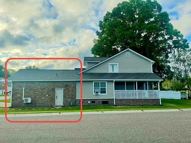 The shared laundry room is what connects the apartment to the main house; therefore, you have COMPLETE privacy in your sound proof space. The entire brick area is the studio apartment.
