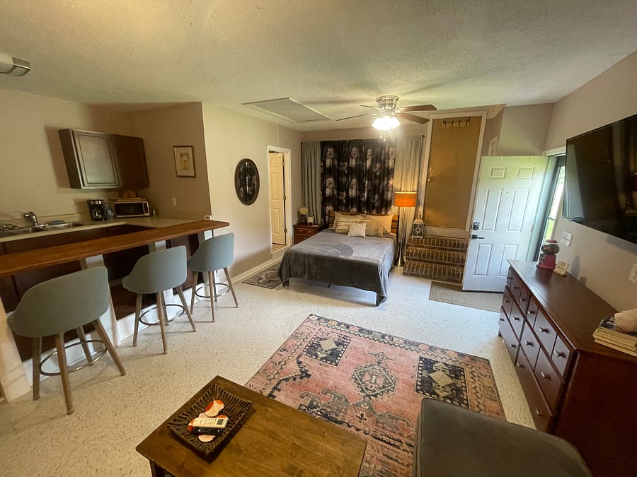 Photo taken from couch to show wide view of entire studio. Laundry room is behind the brown door shown on right rear.
