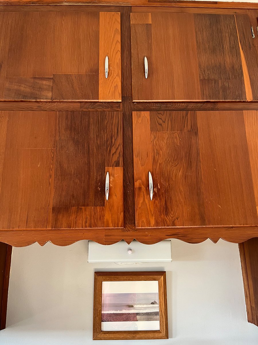 Original old growth redwood kitchen cabinets. Over 100 years old
