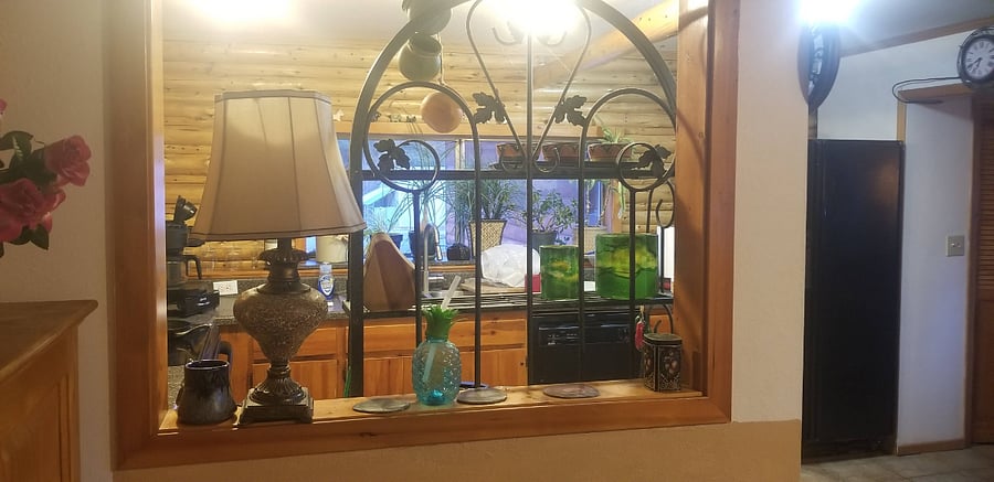 view of kitchen window through opening between den and kitchen