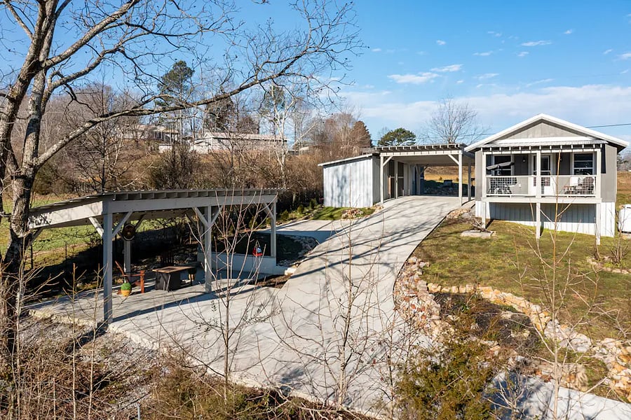 Long driveway with covered parking
