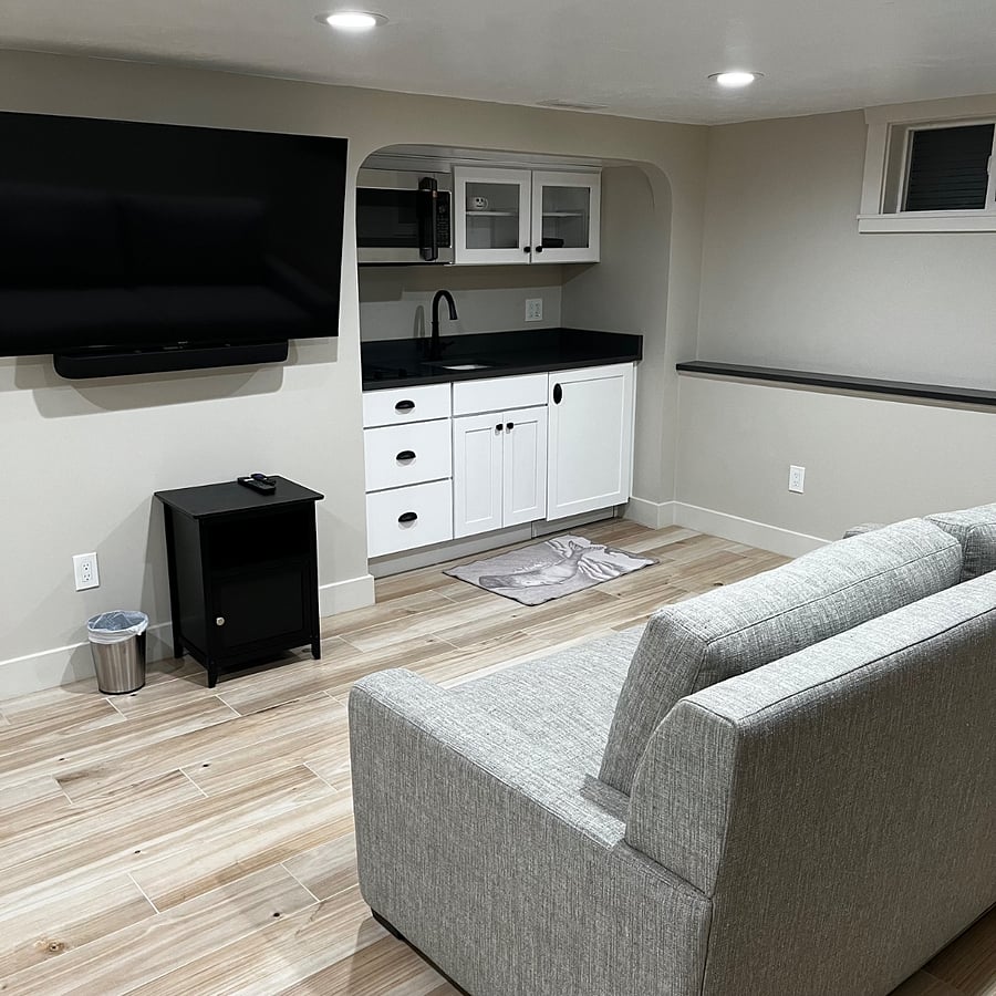 Downstairs level living area with small kitchenette, TV, Queen sleeper sofa. This room has access to the backyard via French doors.