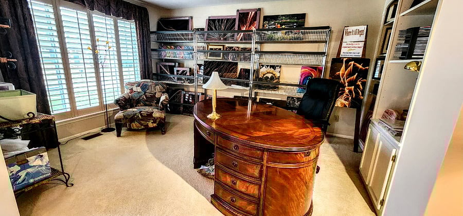 Living Room/Office - gorgeous desk and my artwork.