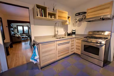 Our fully equipped kitchen is just off the dining room. For those who love to cook, Seward Natural Foods Co-op, Cub Grocery Store and Target are very close by and for those who don't  Darling Cafe (a lovely, welcoming family friendly restaurant) is right next door! 