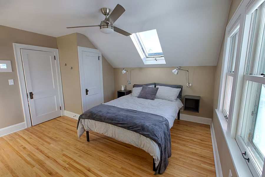 The front bedroom has a skylight and west facing windows.