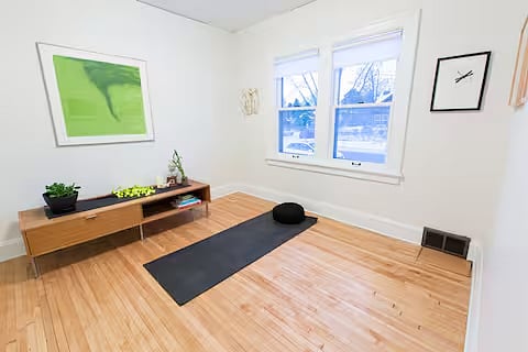 Our yoga/meditation room is located just off the dining room, adjacent to the first floor bathroom.  We provide the yoga mat, you provide the downward dog! Zafu & Zabutan also included.  You can also get your Yoga on at Big River Yoga just across the street and you can sit in community at Common Ground Meditation Center just a few blocks away. 