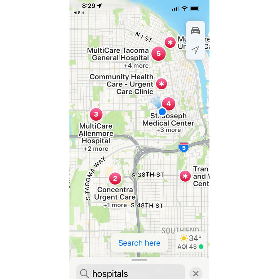Map of just some of the medical facilities close (red dots) to the apartment (blue dot)
